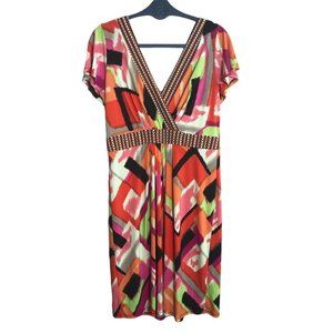 Lily Midi Dress Women Size Large Deep V-Neck Front Back Abstract Pattern Stretch